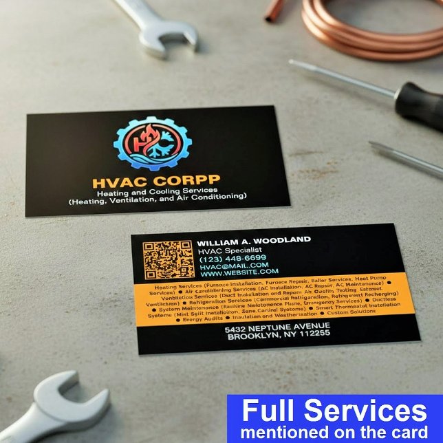 Tarjeta De Visita Modern Heating & Cooling Logo Services, Black HVAC (Subido por el creador)