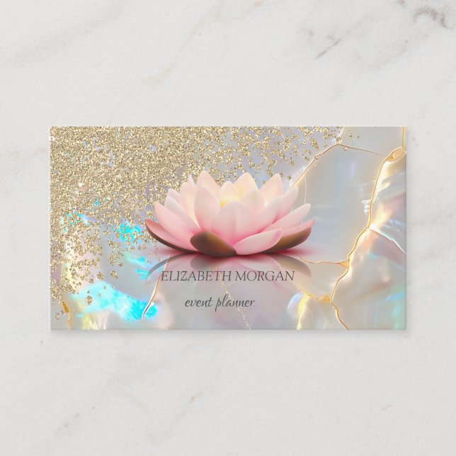 Tarjeta De Visita Modern Holographic Gold Diamonds Lotus Opal Stone (Anverso)