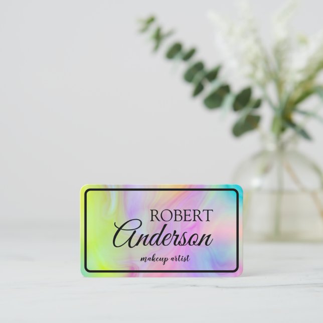 Tarjeta De Visita Modern holographic makeup artist unicorn rainbow (Anverso de pie)