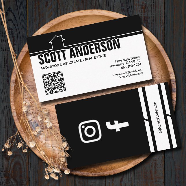 Tarjeta De Visita Modern Home Logo Social Media QR Code Black (Home logo QR Code social media black-white business cards - real estate, cleaning, construction)