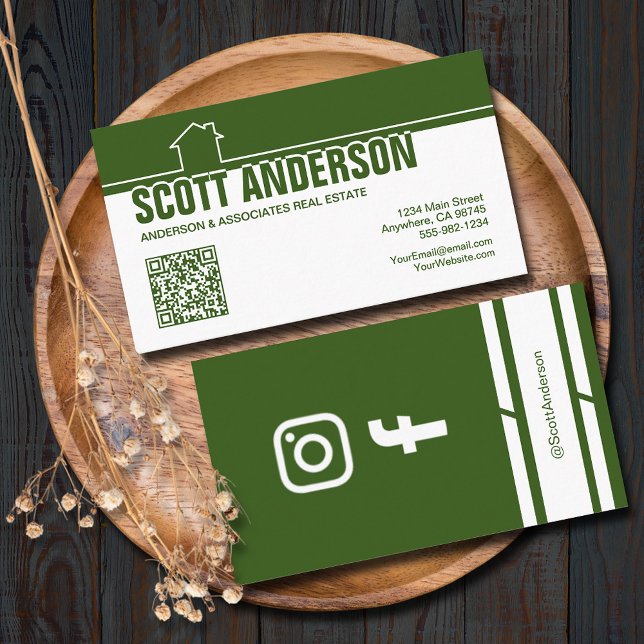 Tarjeta De Visita Modern Home Logo Social Media QR Code Green (Home logo QR Code social media green-white business cards - real estate, cleaning, construction)