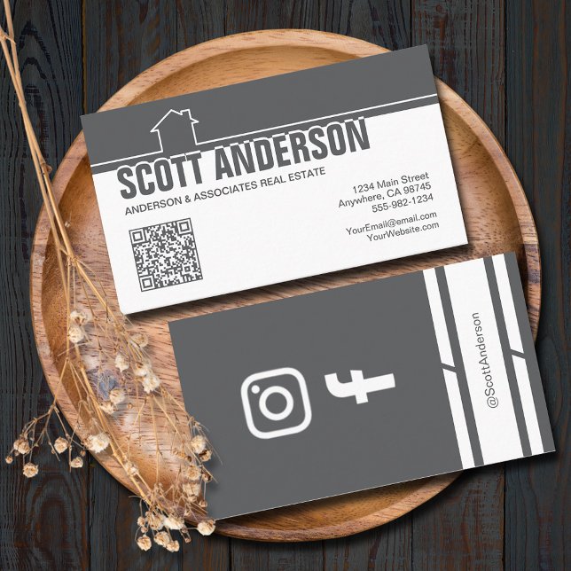 Tarjeta De Visita Modern Home Logo Social Media QR Code Grey (Home logo QR Code social media grey-white business cards - real estate, cleaning, construction)