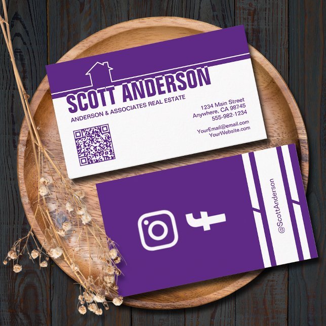 Tarjeta De Visita Modern Home Logo Social Media QR Code Purple (Home logo QR Code social media purple-white business cards - real estate, cleaning, construction)