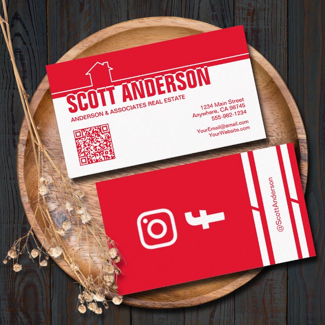 Tarjeta De Visita Modern Home Logo Social Media QR Code Red (Home logo QR Code social media red-white business cards - real estate, cleaning, construction)