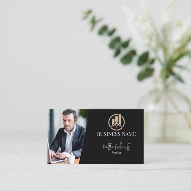 Tarjeta De Visita Modern House Logo Real Estate Realtor Black (Anverso de pie)