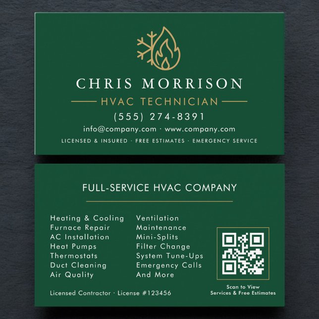 Tarjeta De Visita Modern HVAC Green Gold QR Code (Subido por el creador)
