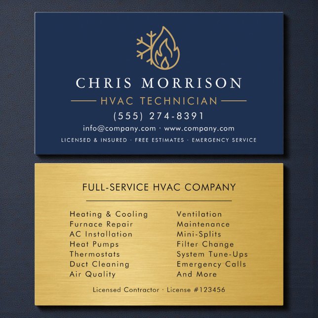 Tarjeta De Visita Modern HVAC Navy Blue Gold Logo (Subido por el creador)