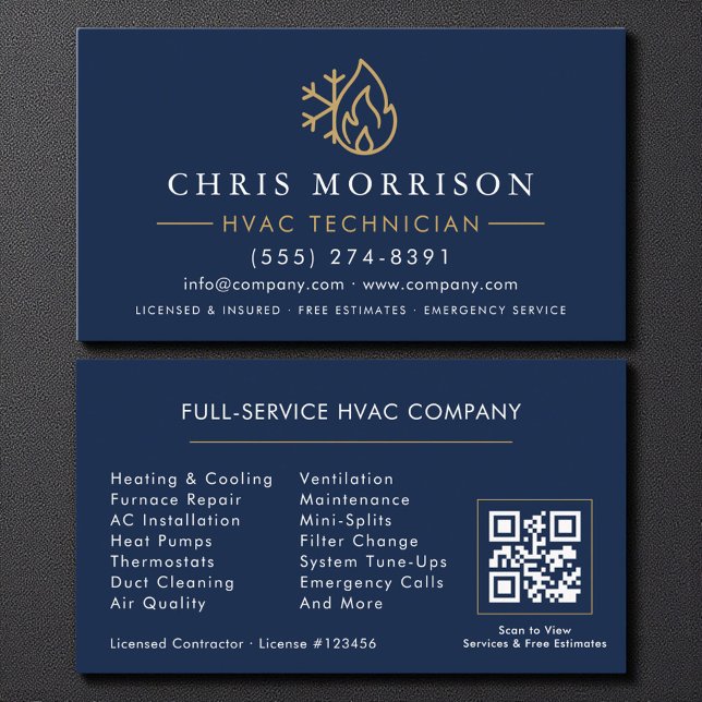 Tarjeta De Visita Modern HVAC Navy Blue Gold QR Code (Subido por el creador)