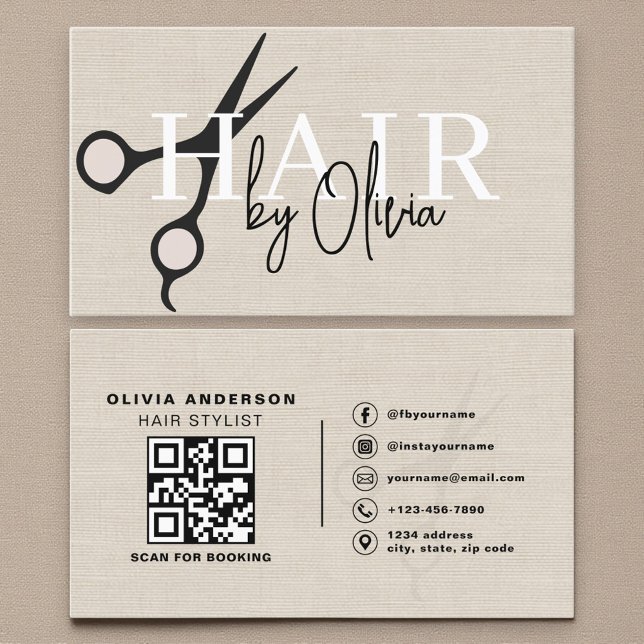 Tarjeta De Visita Modern Linen Scissors QR Code Hair Stylist  (Subido por el creador)