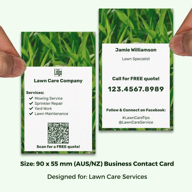 Tarjeta De Visita Modern Logo List QR Call to Action Lawn Care (Modern Logo List QR Call to Action Lawn Care Business Card, size 90 x 55 mm (AUS/NZ))