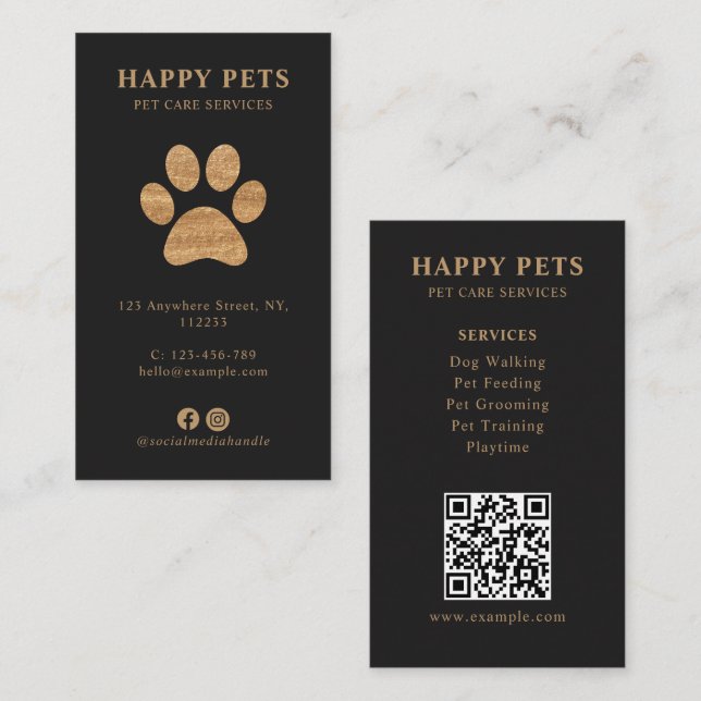 Tarjeta De Visita Modern Luxury Charcoal Gold Paw Pet Care Services (Anverso / Reverso)