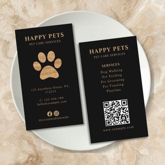 Tarjeta De Visita Modern Luxury Golden Black Paw Pet Care Services (qr code personalized pet grooming service business card)