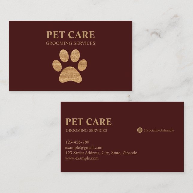 Tarjeta De Visita Modern Luxury Golden Paw Pet Grooming Service Red (Anverso / Reverso)