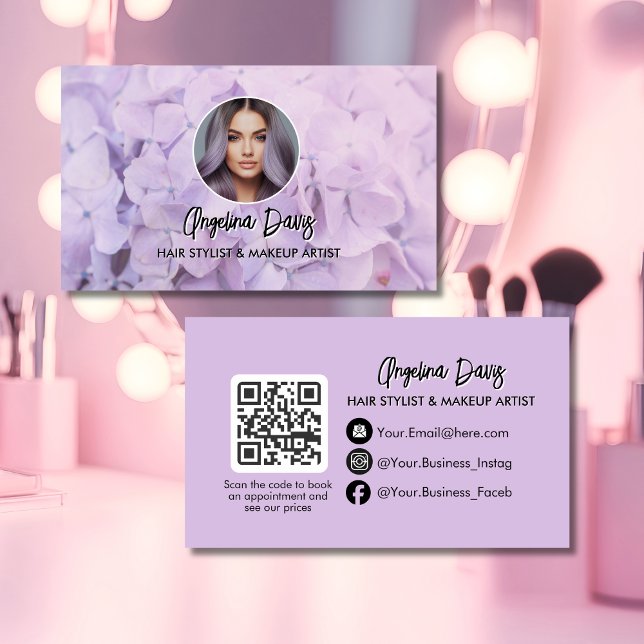 Tarjeta De Visita Modern makeup floral purple photo qr code (Subido por el creador)