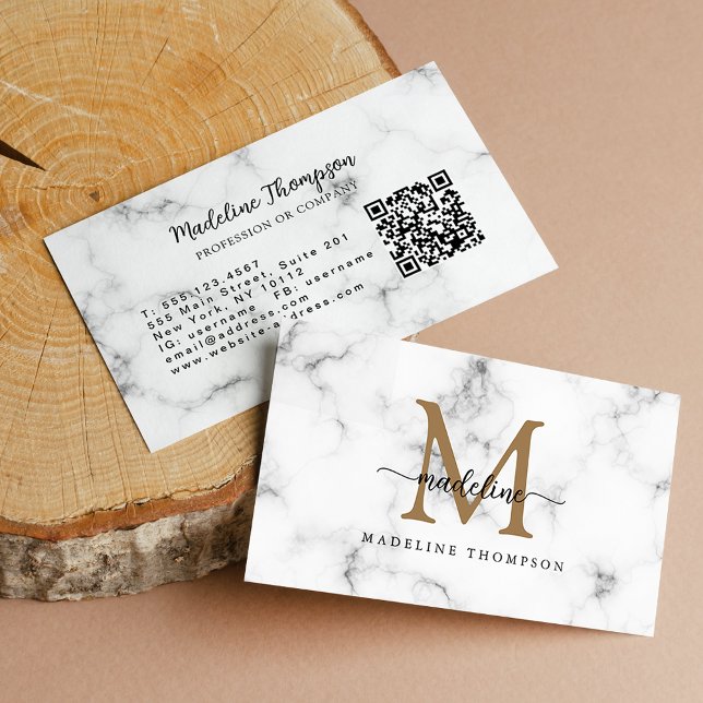 Tarjeta De Visita Modern Marble Gold Girly Script Monogram QR Code (Subido por el creador)