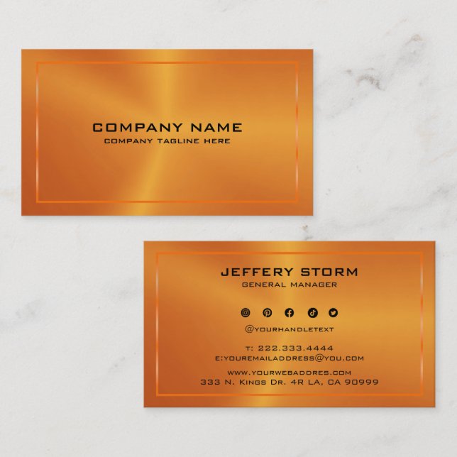 Tarjeta De Visita Modern Metallic Orange Texture Black Typography (Anverso / Reverso)