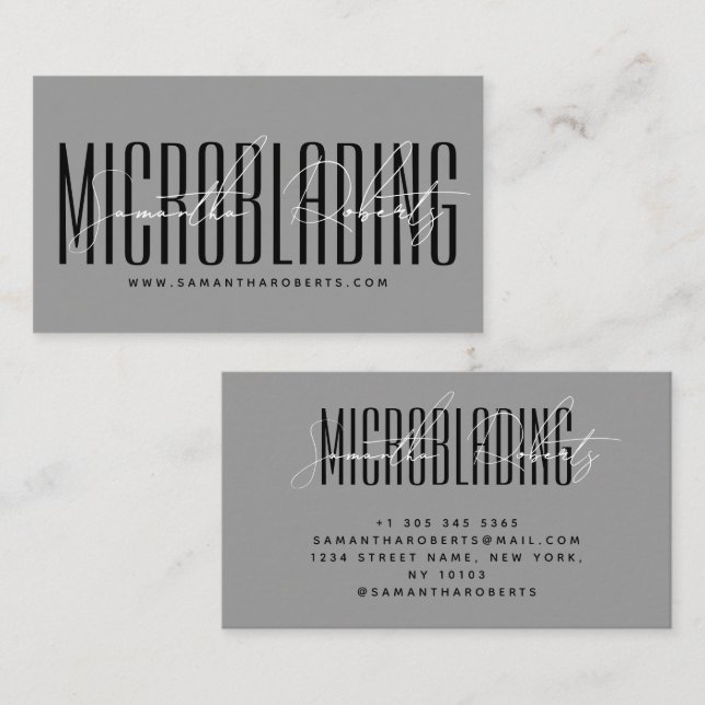Tarjeta De Visita Modern microblading typography script gray (Anverso / Reverso)
