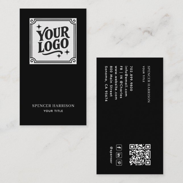 Tarjeta De Visita Modern Minimalist Black QR Code Logo Social Media (Anverso / Reverso)