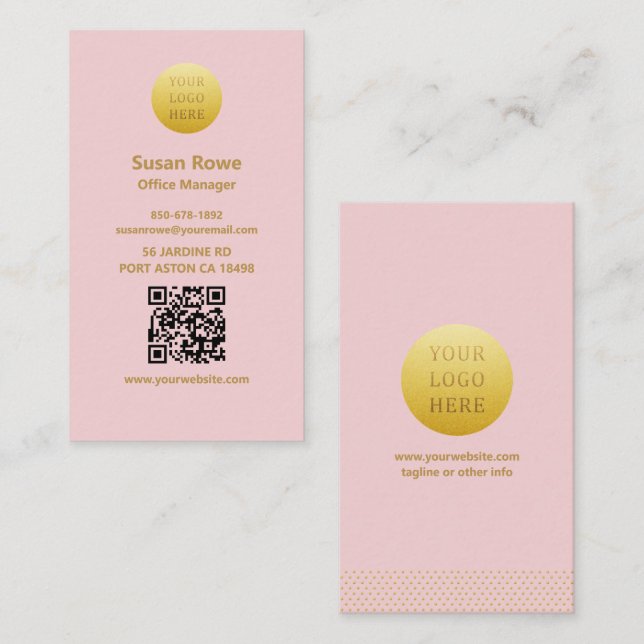 Tarjeta De Visita Modern Minimalist Blush Pink and Gold QR Code (Anverso / Reverso)