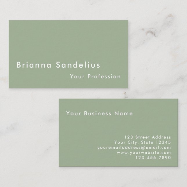 Tarjeta De Visita Modern Minimalist Custom Sage Green Professional (Anverso / Reverso)