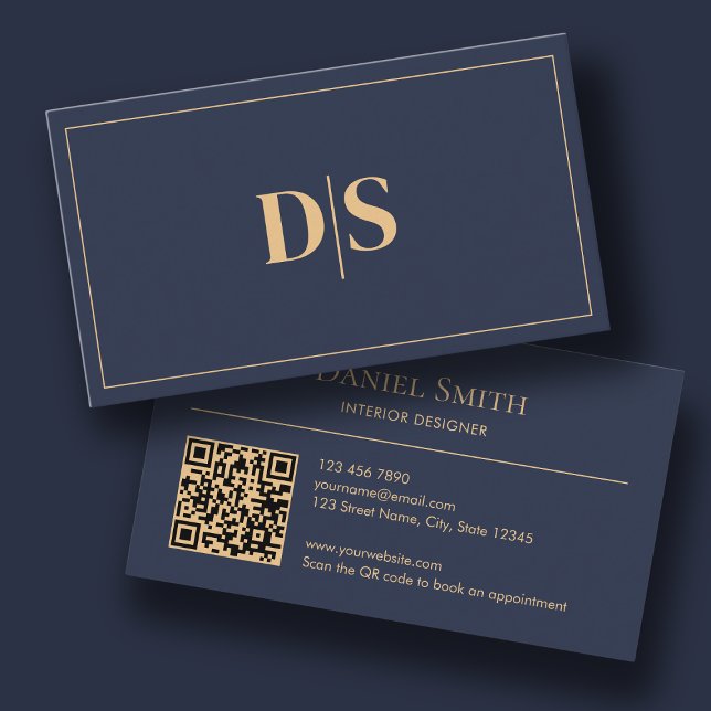 Tarjeta De Visita Modern Minimalist Dark Blue Initials QR Code (Modern Minimalist Business Card Initial Dark Blue)
