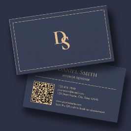Tarjeta De Visita Modern Minimalist Dark Blue Initials QR Code