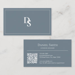 Tarjeta De Visita Modern Minimalist Dusty Blue Initials QR Code