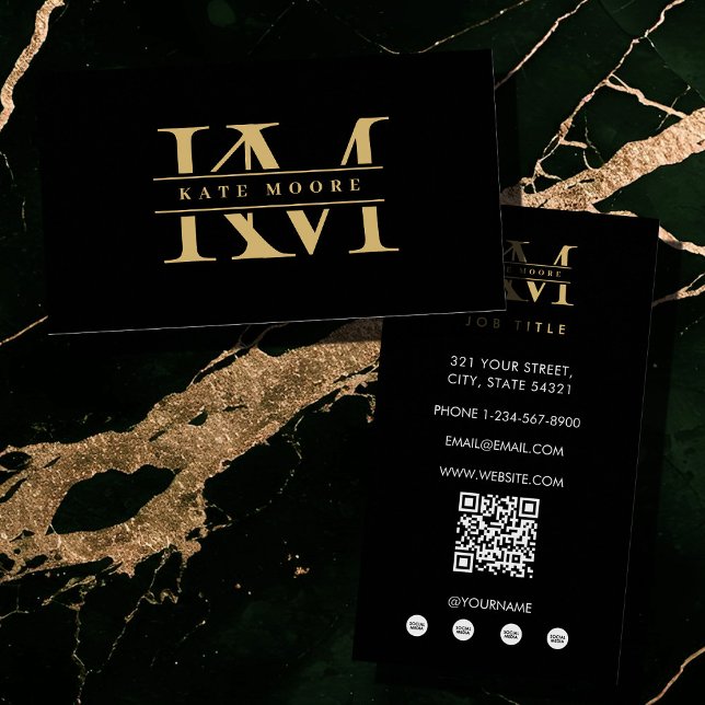 Tarjeta De Visita Modern Monogram Initials Professional Black Gold (Modern Monogram Initials Professional Black Gold Business Card)