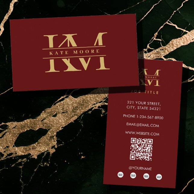 Tarjeta De Visita Modern Monogram Initials Professional Red Gold (Modern Monogram Initials Professional Red Gold Business Card)
