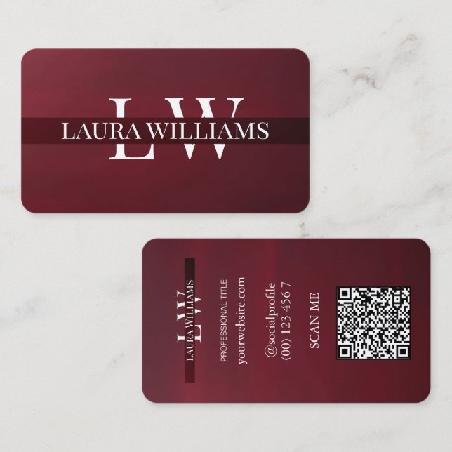 Tarjeta De Visita Modern Monogram Profesional Rojo Granate  (Anverso / Reverso)
