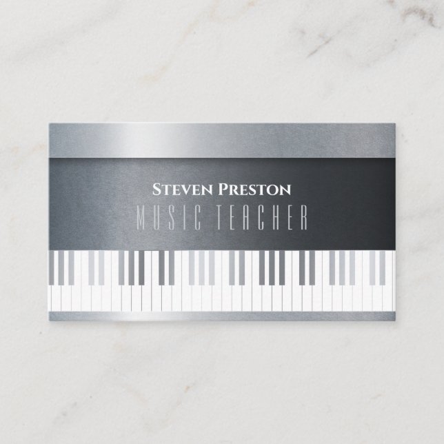 Tarjeta De Visita Modern Music Teacher | Silver Piano (Anverso)