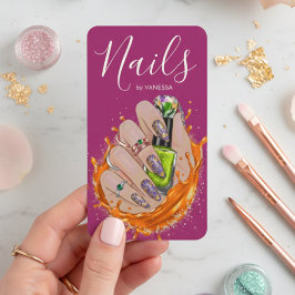 Tarjeta De Visita Modern Nail Art Studio Manicurist Artist Hot Pink