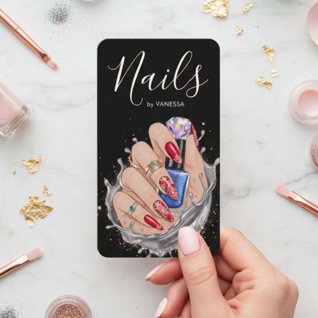 Tarjeta De Visita Modern Nail Studio Red Blue Manicurist Artist (Subido por el creador)