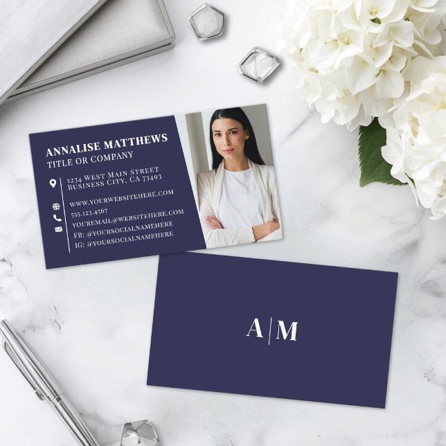 Tarjeta De Visita Modern Navy Blue Professional Photo (Modern Navy Blue Professional Photo Business Card )