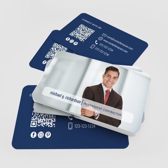 Tarjeta De Visita Modern Navy Blue QR Code Photo Networking (Navy blue modern photo business card with QR code and clean white contact details)