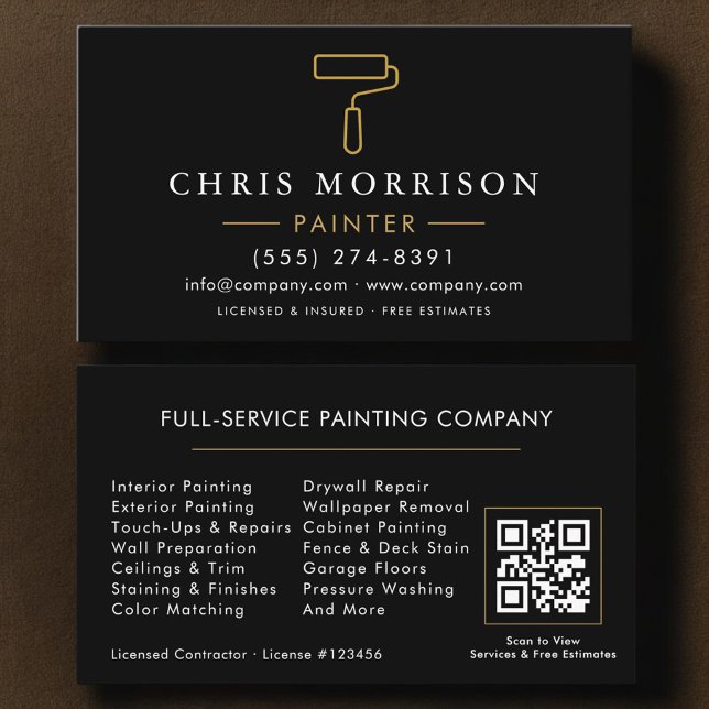 Tarjeta De Visita Modern Painter Black Gold QR Code (Subido por el creador)