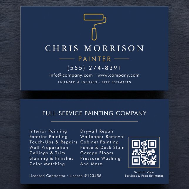 Tarjeta De Visita Modern Painter Navy Blue Gold QR Code (Subido por el creador)