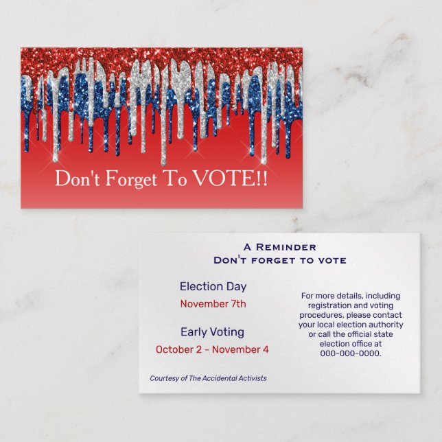 Tarjeta De Visita Modern Patriotic Glitter Drip Vote Reminder (Anverso / Reverso)