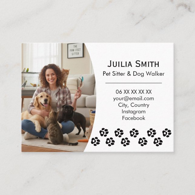 Tarjeta De Visita Modern Paw Print Photo Pet Sitter & Dog Walker  (Anverso)