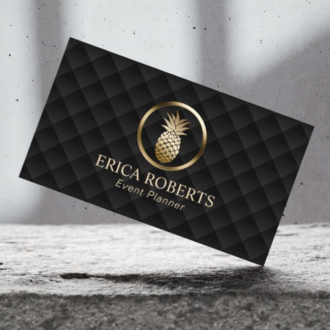 Tarjeta De Visita Modern Pineapple Luxury Black & Gold Event Planner (Subido por el creador)