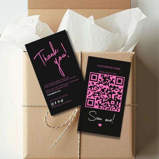Tarjeta De Visita Modern pink black order thank you QR code (Subido por el creador)