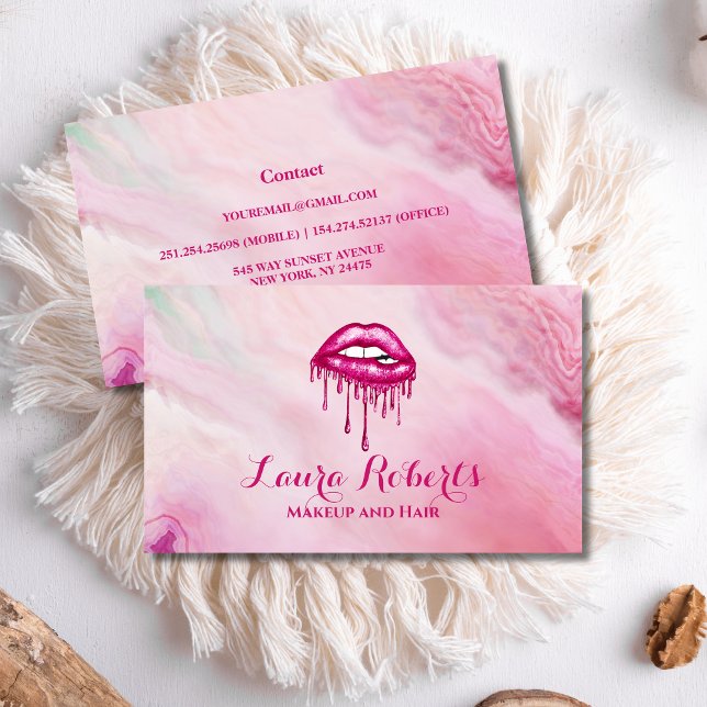 Tarjeta De Visita Modern Pink Dripping Lips Makeup Artist (Subido por el creador)