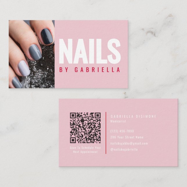 Tarjeta De Visita Modern Pink Nail Technician QR Code Photo (Anverso / Reverso)