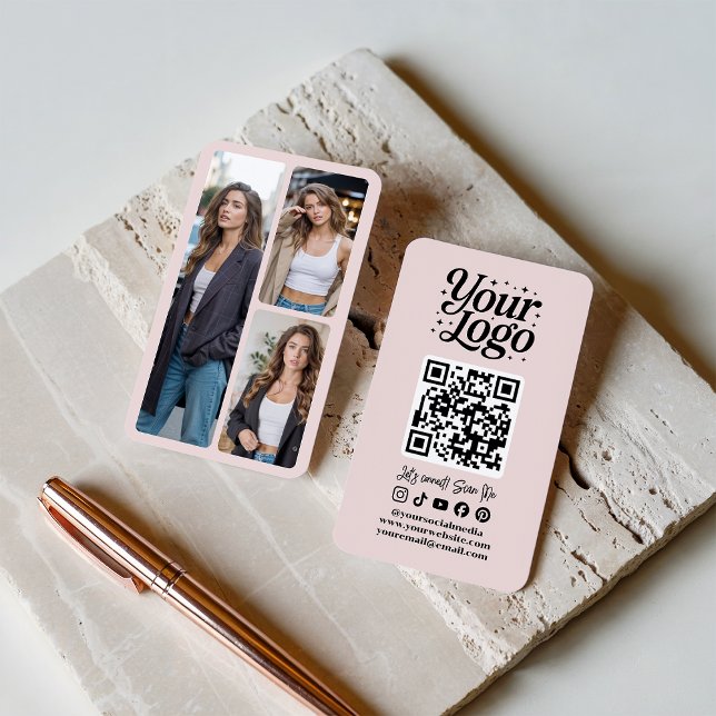 Tarjeta De Visita Modern Pink QR Code Social Media Icons Logo Photo (Modern Pink QR Code Social Media Icons Logo Photo)
