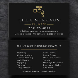 Tarjeta De Visita Modern Plumber Black Gold Minimalist