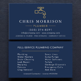 Tarjeta De Visita Modern Plumber Navy Blue Gold Minimalist