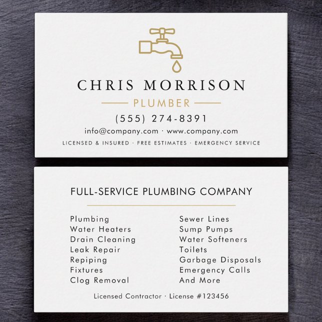 Tarjeta De Visita Modern Plumber White Gold Minimalist (Subido por el creador)