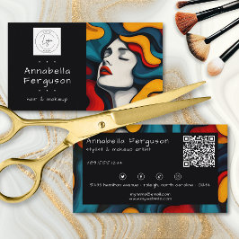 Tarjeta De Visita Modern Pop Art Retro Colorful Hair Makeup Logo QR