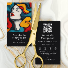 Tarjeta De Visita Modern Pop Art Retro Colorful Hair Makeup QR Code