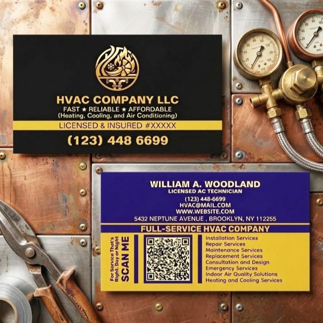 Tarjeta De Visita Modern Professional AC HVAC Company Logo & License (hvac business card, heating and cooling, luxury branding, air conditioning, hvac logo design qr code)